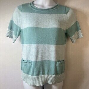 Pendleton Womens Sweater LARGE Short Sleeve Blue Green Striped Pockets READ